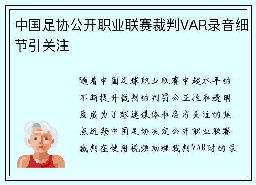 中国足协公开职业联赛裁判VAR录音细节引关注 中国足协公开职业联赛裁判VAR录音细节引关注